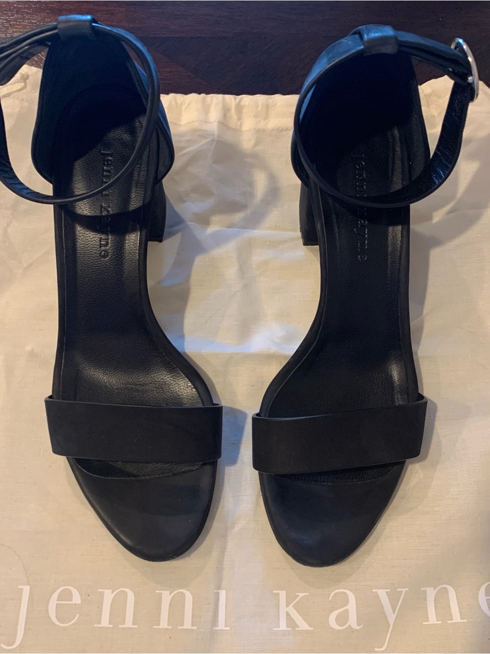 Jenni Kayne Black Leather Ankle-Strap Block Heel Sandals